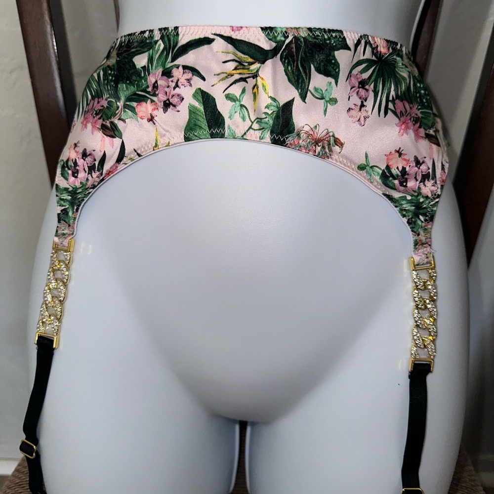 Victoria's Secret Pink Floral Garter Belt with Gold Chain Accents